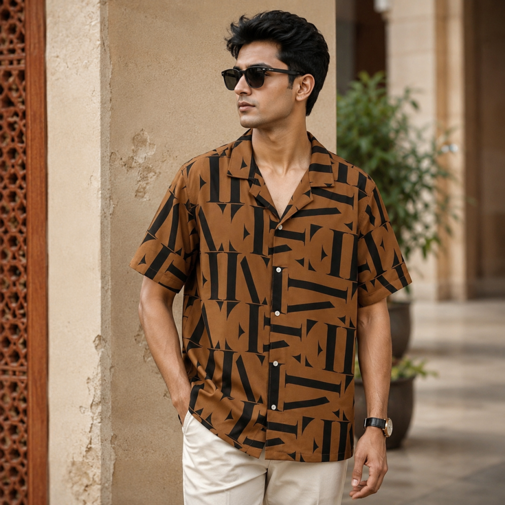 কিউবান কলার হাফ স্লিভ শার্ট - কপার ব্ল্যাক