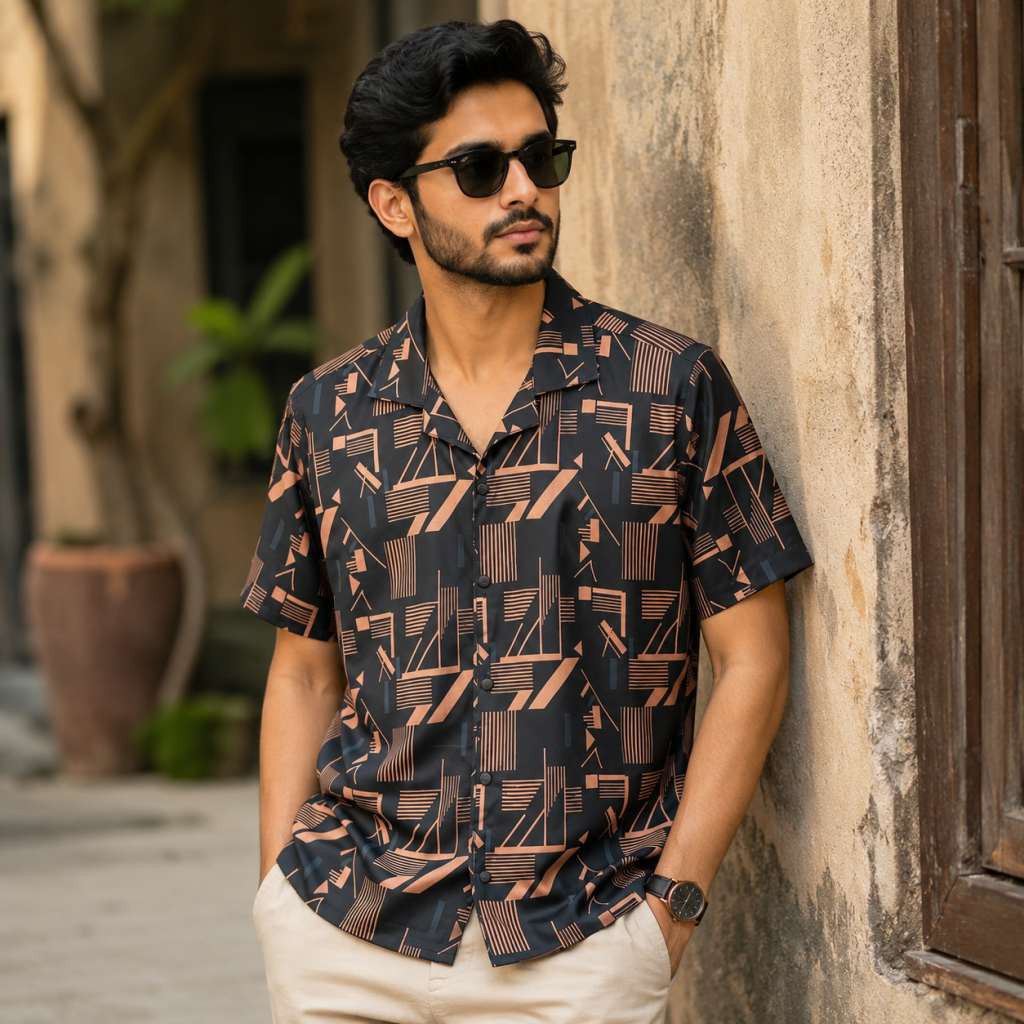 কিউবান কলার হাফ স্লিভ শার্ট - ব্ল্যাক রাস্ট